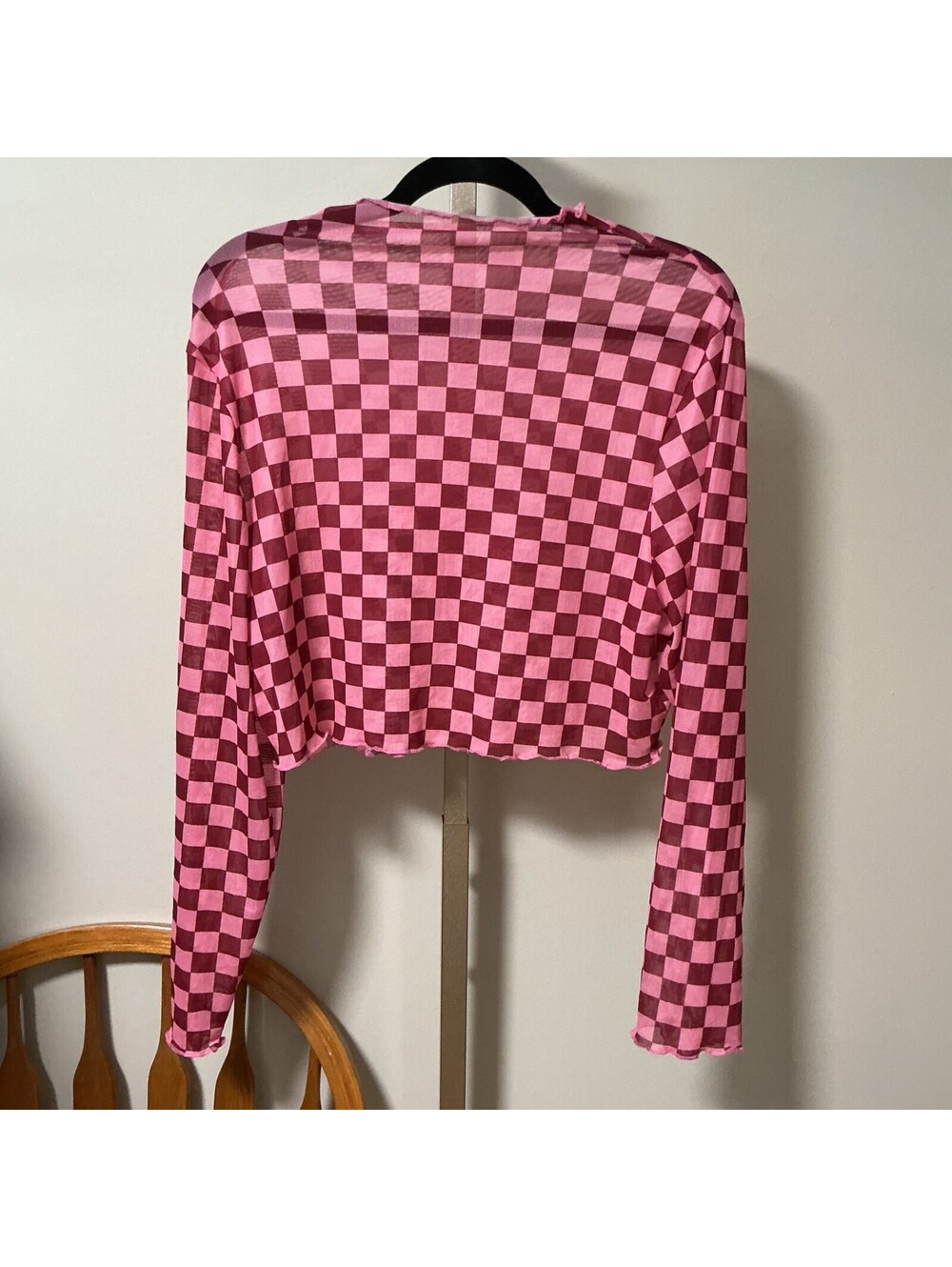 Sheer Pink Checkered Womans Boho Artsy Cropped Blouse Top #457